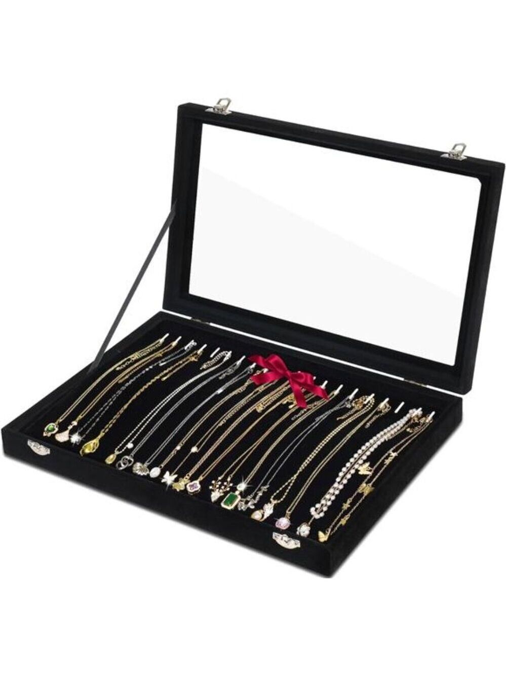 Necklace Organizer Jewelry Tray Velvet Display Box Dustproof Glass Lid Storage